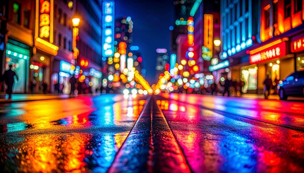 Colorful neon lights reflecting on a wet street in downtown Nashville at night.