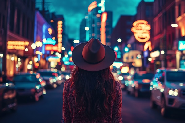 A rear view of a woman wearing a wide-brimmed hat standing on a neon-lit city street at night.