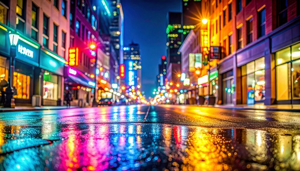 A vibrant, colorful night scene of a wet city street reflecting neon lights from storefronts, with warm glowing streetlights and a long perspective leading toward a blurred urban horizon.