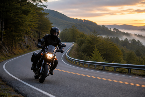 A motorcyclist in full riding gear navigates a winding two-lane mountain road at dusk in what appears to be the Tennessee Smoky Mountains, depicting the scenic but hazardous riding conditions that contribute to motorcycle accidents during peak riding season.
