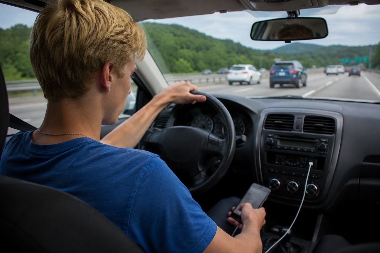 An interior, over-the-shoulder view of a blond teenage boy driving a sedan on a multi-lane highway in Tennessee while distracted, keeping one hand on the steering wheel while looking down to text or use a smartphone held in his other hand as vehicles travel ahead of him.