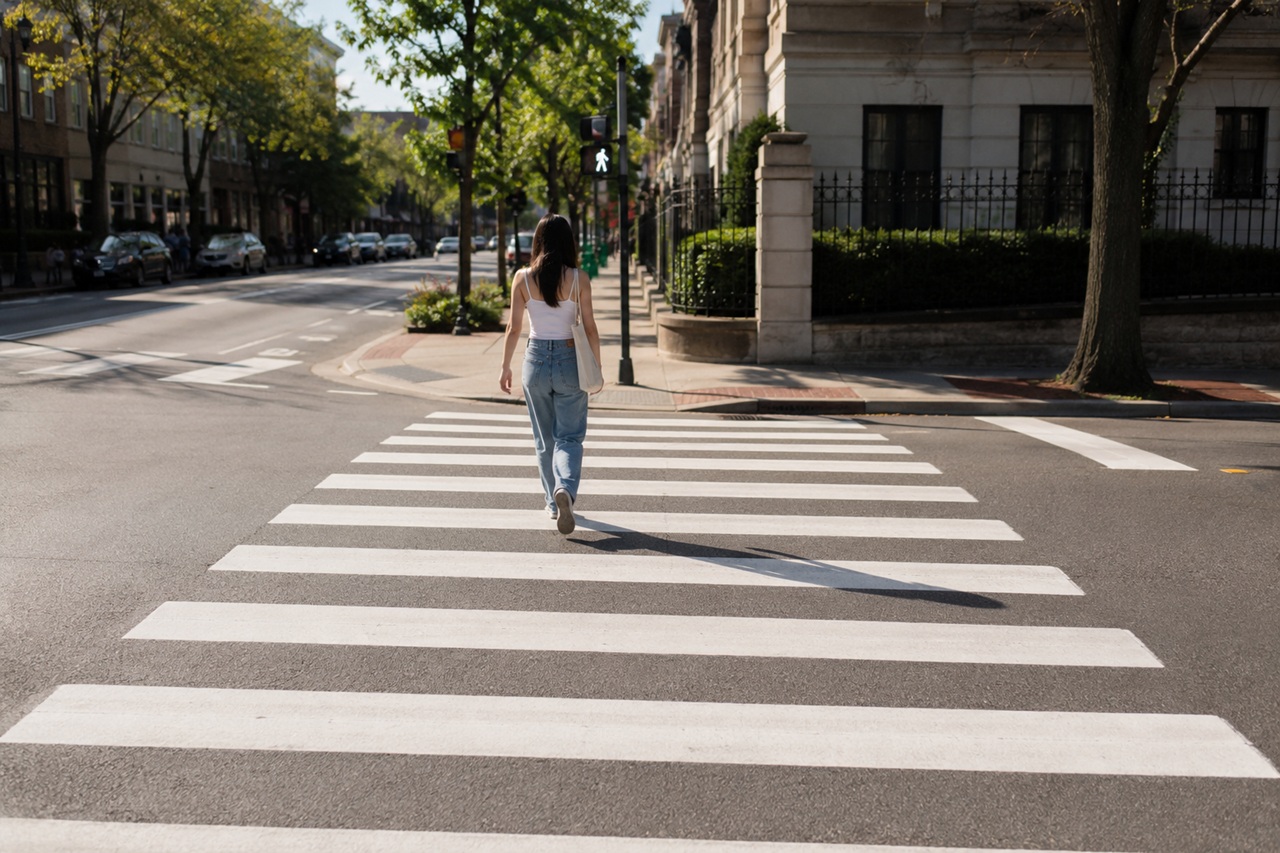 A woman wearing a white tank top and blue jeans walks across a clearly marked pedestrian crosswalk on a sunny city street, with an active walk signal on a crossing post in the background, representing municipal pedestrian safety improvements, urban crosswalk infrastructure, and traffic accident personal injury claims in Nashville.
