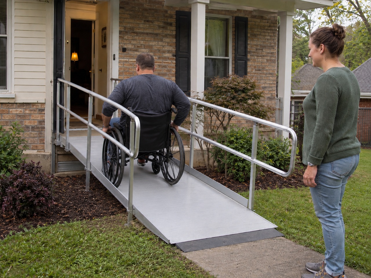 A man in a wheelchair using a home accessibility ramp while a woman watches nearby in Tennessee, illustrating the lasting impact of a spinal cord injury addressed in a personal injury claim.