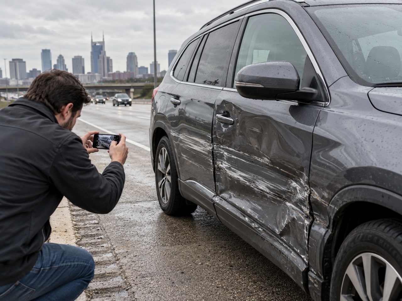 Driver photographing long scrape marks and dents along the side of a damaged vehicle on a Nashville interstate shoulder.